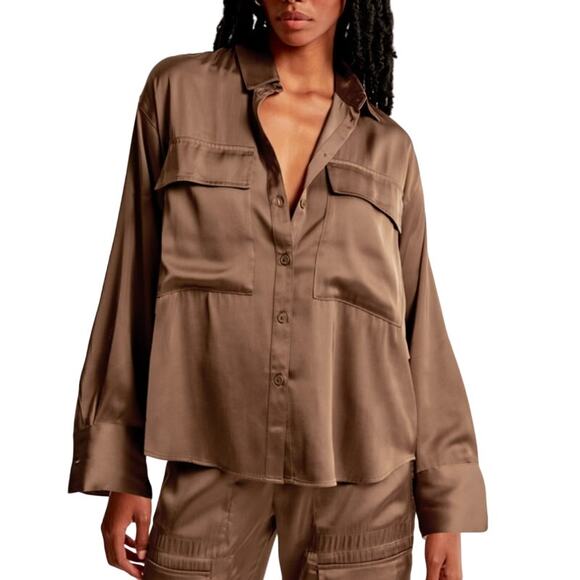 Abercrombie & Fitch Collaboration Oversized Satin Button-Up Mocha Mousse NWT L - Picture 1 of 12